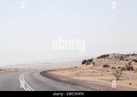 Una strada isolata si snoda attraverso un vasto paesaggio desertico Foto Stock