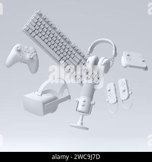 Guarda dall'alto i dispositivi per i videogamer come occhiali VR, tastiera, joystick, cuffie e microfono su sfondo monocromatico. rendering 3d degli accessori per il live streaming Foto Stock