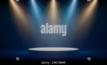 Palco, oro, riflettore blu, podio. Sfondo, sfondo per la visualizzazione dei prodotti. Tavolino blu illuminato. Fasci di faretti, scintillanti glitter Illustrazione Vettoriale