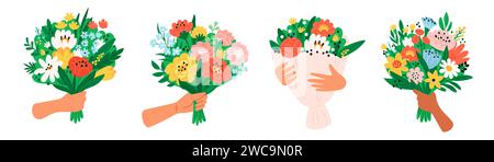 Le mani dei cartoni animati tengono fiori. Bellissimi bouquet. Omaggio botanico per le vacanze primaverili. Composizioni floreali. Regali romantici in fiore. I fiori si accumulano tra le braccia Illustrazione Vettoriale