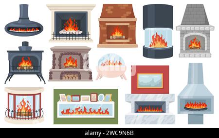 Caminetti e focolare dei cartoni animati. Riscaldamento domestico dell'abitacolo. Elementi accoglienti della camera. Fuoco domestico moderno. Stufa retrò. Casa calda. Fiamme brucianti. Tradizionale Illustrazione Vettoriale
