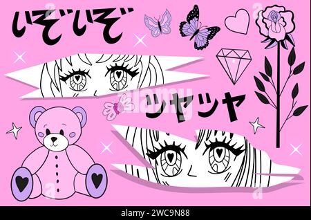 Set di clipart rosa y2k. Anime Girls, testa di ariete, cuore manga retro Y2K stile kawaii. Vettore Illustrazione Vettoriale