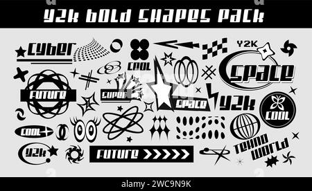 Set di elementi Y2K. Icona Y2K. Forme moderne retrò-futurista per poster modello, volantini, abbigliamento, social media, grafica, adesivo. Futuristico Illustrazione Vettoriale