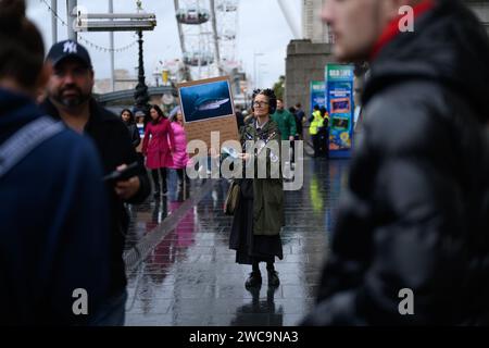 18 novembre 2023: Una donna solitaria distribuisce volantini fuori dal Sea Life London Aquarium incoraggiando il pubblico a boicottare tutti gli acquari per motivi di crudeltà animale. Foto Stock