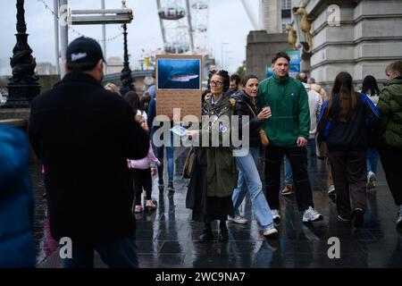 18 novembre 2023: Una donna solitaria distribuisce volantini fuori dal Sea Life London Aquarium incoraggiando il pubblico a boicottare tutti gli acquari per motivi di crudeltà animale. Foto Stock