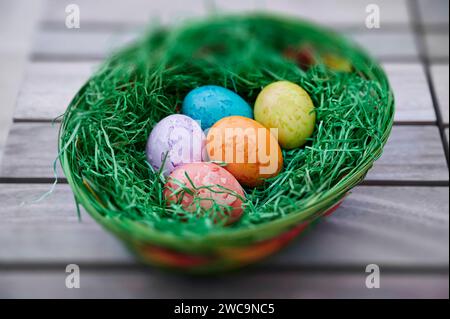 Tradition, Osterbrauch, gefärbte Eier in verschiedenen Farben liegen im Osternest Osterbrauch *** tradizione, usanza pasquale, uova colorate in diversi colori giacciono nell'usanza pasquale pasquale Foto Stock