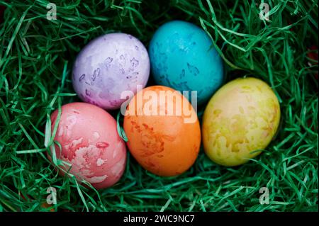 Tradition, Osterbrauch, gefärbte Eier in verschiedenen Farben liegen im Osternest Osterbrauch *** tradizione, usanza pasquale, uova colorate in diversi colori giacciono nell'usanza pasquale pasquale Foto Stock