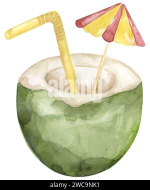 Illustrazione della bevanda di cocco disegnata a mano acquerello, cocktail Pina colada. Clipart tropicale Foto Stock