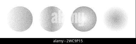 Cerchi di rumore gradiente fatti di grani e punti. Elementi con motivo rotondo a mezzitoni con gradazioni da buio a chiaro. Illustrazione vettoriale isolata su sfondo bianco. Illustrazione Vettoriale