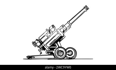 Cannone d'artiglieria per il tiro a cavallo contro obiettivi coperti e strutture difensive. Disegno di una linea per usi diversi. Illustrazione vettoriale. Illustrazione Vettoriale