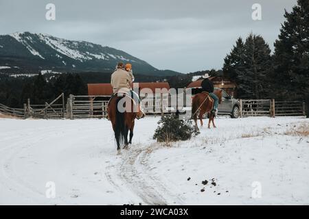 Papà cavalca a cavallo, tirando l'albero; la mamma tiene il bambino in viaggio natalizio Foto Stock