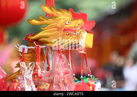 Nanning, Cina. 15 gennaio 2024. La gente sta comprando lanterne e altri ornamenti mascotte con elementi di drago in una tradizionale strada cinese per lo shopping di Capodanno a Nanning, in Cina, il 14 gennaio 2024. (Foto di Costfoto/NurPhoto) credito: NurPhoto SRL/Alamy Live News Foto Stock