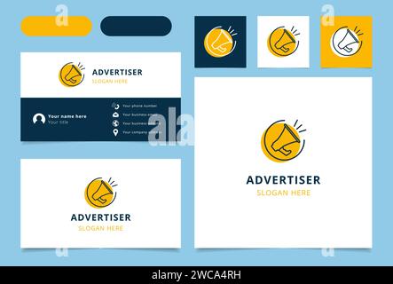 Biglietto da visita con il marchio del logo dell'inserzionista. Il libro di branding arricchisce la raccolta di marketing. Logo Thin Advertiser Illustrazione Vettoriale
