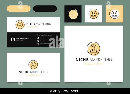 Biglietto da visita del marchio con logo di nicchia Marketing. Il libro di branding arricchisce la raccolta di marketing. Logo Marketing di nicchia sottile Illustrazione Vettoriale