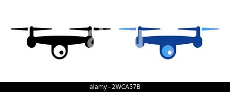 Icona drone con set di telecamere di colore nero e blu semplice veicolo aereo senza equipaggio Illustrazione Vettoriale