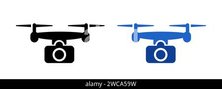 Icona di un drone video fotografico con grande set di telecamere di colore nero e blu semplice veicolo aereo senza equipaggio Illustrazione Vettoriale