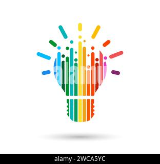 Lampadina a luce astratta Rainbow su sfondo bianco. Cervello di idee creative. Illustrazione Vettoriale