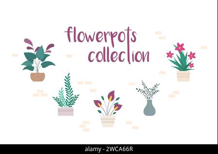 Collezione di vasi di fiori. Piante per la casa alla moda in stile piatto. Illustrazione Vettoriale
