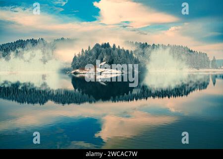 Un lago invernale con una piccola isola nella foresta la mattina presto Foto Stock