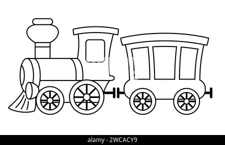 treno a vapore - illustrazione vettoriale di cartoni animati in bianco e nero della locomotiva a vapore e della carrozza ferroviaria passeggeri Illustrazione Vettoriale