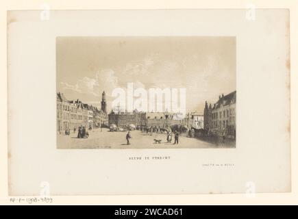 Veduta della Neude a Utrecht, Pieter Wilhelmus van de Weijer, stampa del 1856 lasciata dietro le case della torre del Duomo. I personaggi camminano sulla piazza. Vista sulla città in carta di Utrecht e paesaggio con costruzioni artificiali Neud Foto Stock