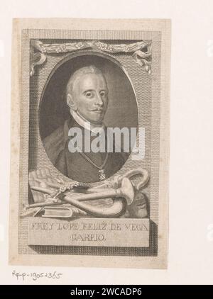 Portret Van Lope Félix de Vega Carpio, Christian Gottlieb Geyser, dopo Manuel Salvador Carmona, 1752 - 1803 carta stampata incisione persone storiche. ritratto di uno scrittore. ornamento  festoon, garland. Ispirazione del poeta; 'Furore poetico' (Ripa) Foto Stock