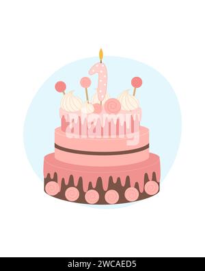 Torta di compleanno per una ragazza decorata con una candela a forma di numero uno. Illustrazione vettoriale su sfondo bianco. Illustrazione Vettoriale