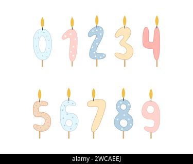 Un set di candele sotto forma di numeri da 0 a 9 per decorare torte di compleanno e cupcake. Illustrazione vettoriale su sfondo bianco. Illustrazione Vettoriale