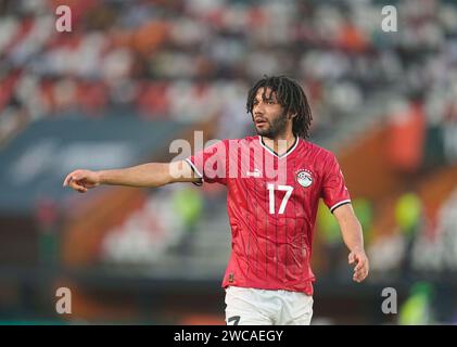 14 gennaio 2024: Mohamed Nasser Elneny (Egitto) gesti durante una partita del gruppo B della Coppa d'Africa, Egitto contro Mozambico, allo Stade Felix Houphouet-Boigny, Abidjan, Costa d'Avorio. Kim Price/CSM Foto Stock