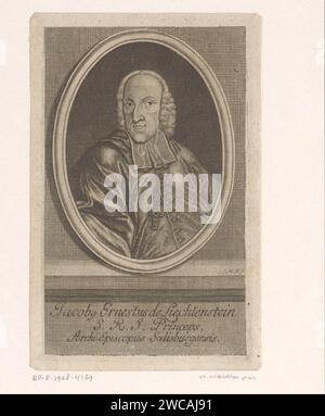 Ritratto di Jakob Ernst von Liechtenstein -Kastelkorn, Arcivescovo van Salzburg, Johann Martin Bernigeroth, 1745 - 1767 stampa Leipzig paper Engraving Historical Persons Foto Stock