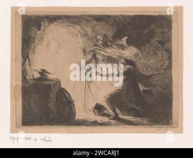 Saul alla Strega di Endor, Edouard Hamman, 1843 carta stampata che incide il fantasma di Samuel appare alla strega di Endor; Saul cade prostrato al suolo Foto Stock