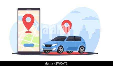 Collegamento remoto al veicolo tramite app mobile. Smartphone con mappa della città sullo schermo. Connessione wireless. Controllo dell'auto. Applicazione taxi o car sharing Illustrazione Vettoriale