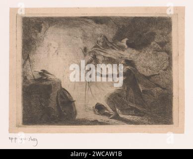 Saul alla Strega di Endor, Edouard Hamman, 1843 carta stampata che incide il fantasma di Samuel appare alla strega di Endor; Saul cade prostrato al suolo Foto Stock