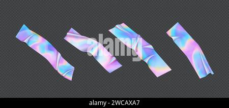 Strisce olografiche in lamina set di illustrazioni vettoriali realistiche. Collezione di nastri per condotti metallici svasati. Elementi 3d metallici su sfondo trasparente Illustrazione Vettoriale