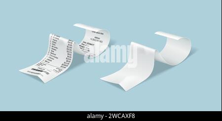 Serie di illustrazioni vettoriali realistiche per le distinte dei fogli cartacei. Ricevute vuote e compilate per gli acquisti in negozio. Documenti finanziari elementi 3d in azzurro Illustrazione Vettoriale