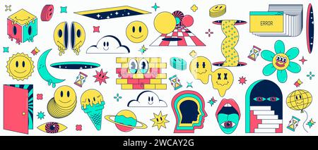 Set di illustrazioni vettoriali in stile fumetto retrò psichedelico. Allucinazioni astratte. Oggetti e personaggi surrealistici, grafica d'animazione vintage Illustrazione Vettoriale