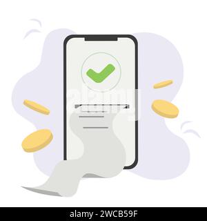 Approvazione acquisto pagamento, concetto di pagamento online. Pagamento di fatture di sicurezza online, fattura elettronica. Dispositivo smartphone con ricevuta. Vettore Illustrazione Vettoriale