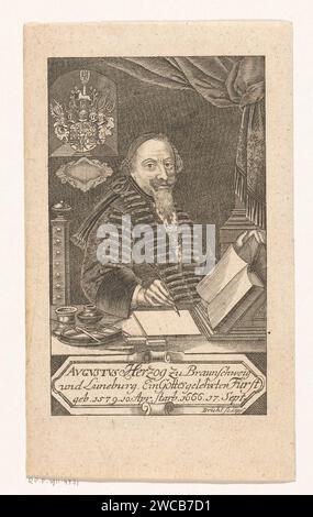 PortraT van August II de Jongere, Hertog van Braunschweig-Lüneburg, Johann Benjamin Brühl, 1726 stampa Leipzig paper Engraving Historical Persons. cuscinetto araldico. ciondolo, trinket, "breloque". Libro - MM - libro aperto. scrittura a mano, scrittura come attività. pozzetto inchiostro Foto Stock
