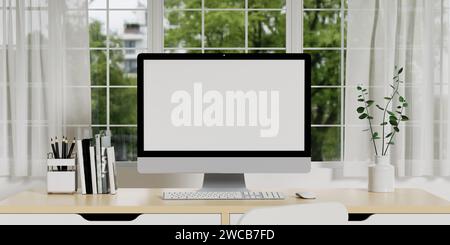 Lo spazio di lavoro creativo con il modello a schermo vuoto del computer è su un tavolo in un moderno ufficio domestico minimalista. rendering 3d. Foto Stock