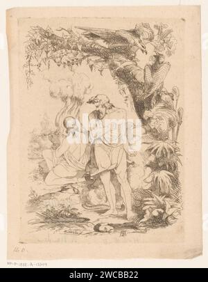 Offerta di Caino e Abel, Heinrich Vianden, 1844 stampa Belgio (possibilmente) carta incisione Envy; 'Invidia' (Ripa)  personificazione di uno dei sette peccati mortali. Il sacrificio di Caino e Abele: Abele offre un agnello, Caino di solito un guscio di mais. uccelli predatori: aquila Foto Stock