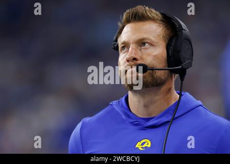 DETROIT, mi - 14 GENNAIO: Il capo-allenatore dei Los Angeles Rams Sean McVay reagisce durante la gara di playoff della NFC contro i Detroit Lions il 14 gennaio 2024 al Ford Field di Detroit, Michigan. (Foto di Joe Robbins/immagine di Sport) Foto Stock