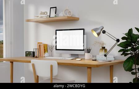 Postazione di lavoro, computer con schermo bianco vuoto, monitor sulla scrivania. Mock-up, spazio copia. Concetto di ufficio domestico. Lavoro, lavoro da casa Foto Stock