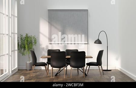 Cornice a poster orizzontale vuota nella parete della sala da pranzo, modello con set da pranzo, tavolo in legno su pavimento in legno. rendering 3d, illustrazione Foto Stock