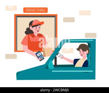 Pagamento da auto, sistema Drive Thru. I caratteri pagano per il servizio cibo Takeaway con sistema di pagamento o scansione del codice qr. problema di pagamento non riuscito o rifiutato il Illustrazione Vettoriale