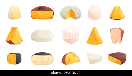 Cartoni animati diversi formaggi. Formaggio affumicato a fette e blocchi, prodotti caseari, formaggio francese cheddar brie emmental. Insieme isolato dal vettore. Spuntino biologico a base di latte raccolto Illustrazione Vettoriale