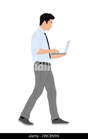 Personaggio di un uomo d'affari che lavora su un vettore di notebook. Illustrazione Vettoriale