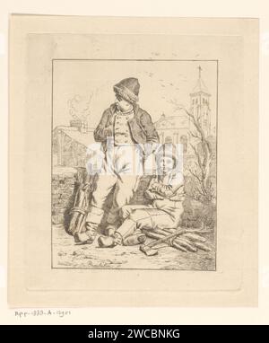 Due bambini al freddo con fasci di legno, Ferdinand de Braekeleer (i), 1802 - 1883 carta stampata, acquaforte fredda. bambino. taglio del legno, taglialegna  silvicoltura Foto Stock