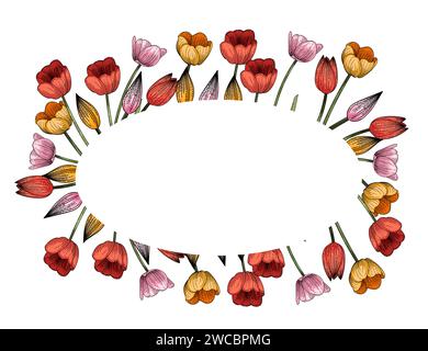 Set di tre fiori di tulipani disegnati a mano schizzo colorato per disegnare illustrazioni vettoriali di libri isolati su sfondo bianco Illustrazione Vettoriale