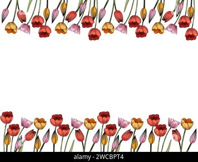 Set di tre fiori di tulipani disegnati a mano schizzo colorato per disegnare illustrazioni vettoriali di libri isolati su sfondo bianco Illustrazione Vettoriale
