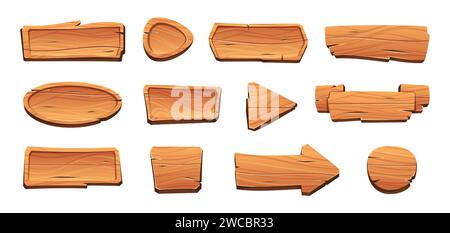 Elementi dell'interfaccia utente in legno per il gioco dei cartoni animati. Banner orizzontale e pannello rotondo con freccia e pulsanti, risorsa sprite 2d per l'interfaccia utente dell'app mobile. Serie di cartoni animati di gioco isolati vettoriali illustrazioni in legno Illustrazione Vettoriale